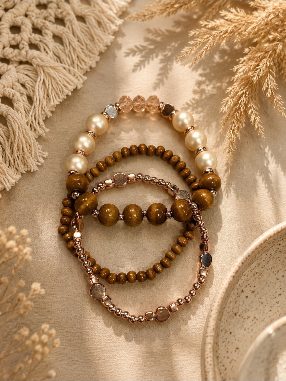 Blush Pearl & Rose Gold Boho Bracelet Stack